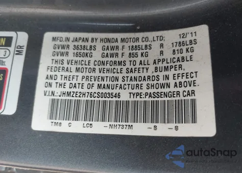 2012 Honda Insight Ex from USA, damaged, VIN JHMZE2H76C5003546